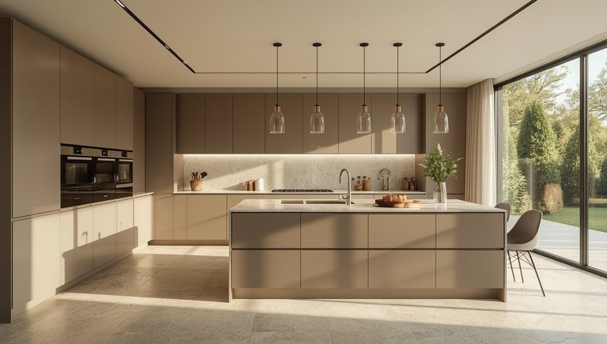 Moderne Häcker Küche mit Kochinsel und Quarzstein-Arbeitsplatte