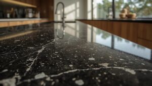 Polierte dunkle Granit-Arbeitsplatte in moderner Küche mit warmem Tageslicht