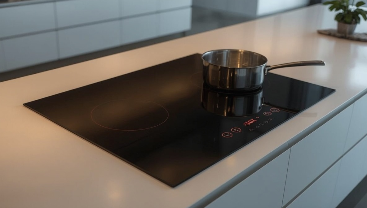 Modernes Induktionskochfeld mit Topf auf minimalistischer Kücheninsel