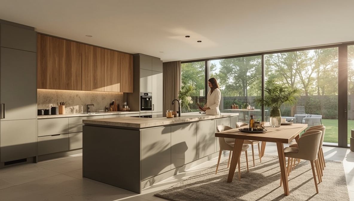 Moderne Premium-Küche mit Kücheninsel und Essbereich, Person bei der Küchenplanung