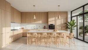 Moderne skandinavische Küche mit hellem Holz, Marmor-Rückwand und Kücheninsel als Beispiel für zeitgemäße Küchenstile