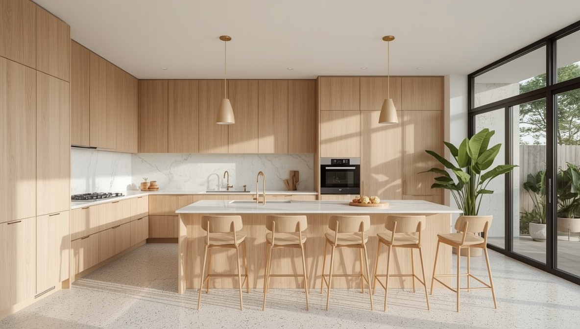 Moderne skandinavische Küche mit hellem Holz, Marmor-Rückwand und Kücheninsel als Beispiel für zeitgemäße Küchenstile