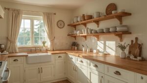 Landhausküche in Creme mit Spülstein, Holzarbeitsplatte und offenen Regalen