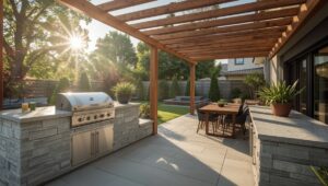 Moderne Outdoor-Küche im Garten mit Edelstahlgrill, Steinsockel und Pergola