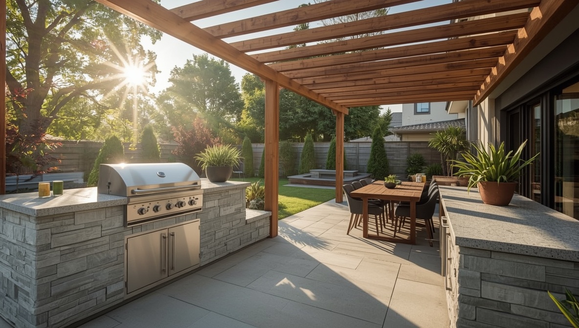 Moderne Outdoor-Küche im Garten mit Edelstahlgrill, Steinsockel und Pergola