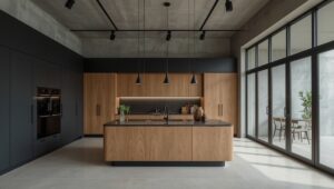 Premium-Küchenhersteller Showroom mit modernem Design und Materialkontrast aus Holz und Anthrazit