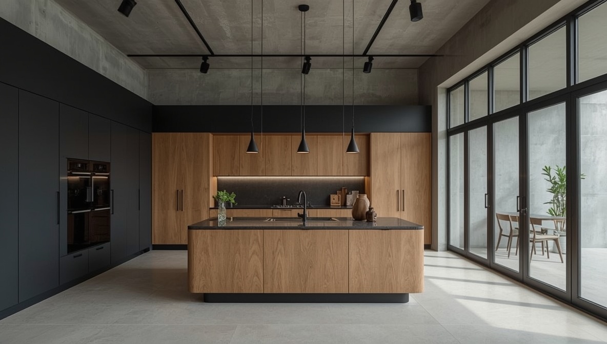 Premium-Küchenhersteller Showroom mit modernem Design und Materialkontrast aus Holz und Anthrazit