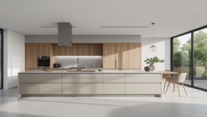 Moderne Küche mit grifflosen Fronten, Holzelementen und Kücheninsel