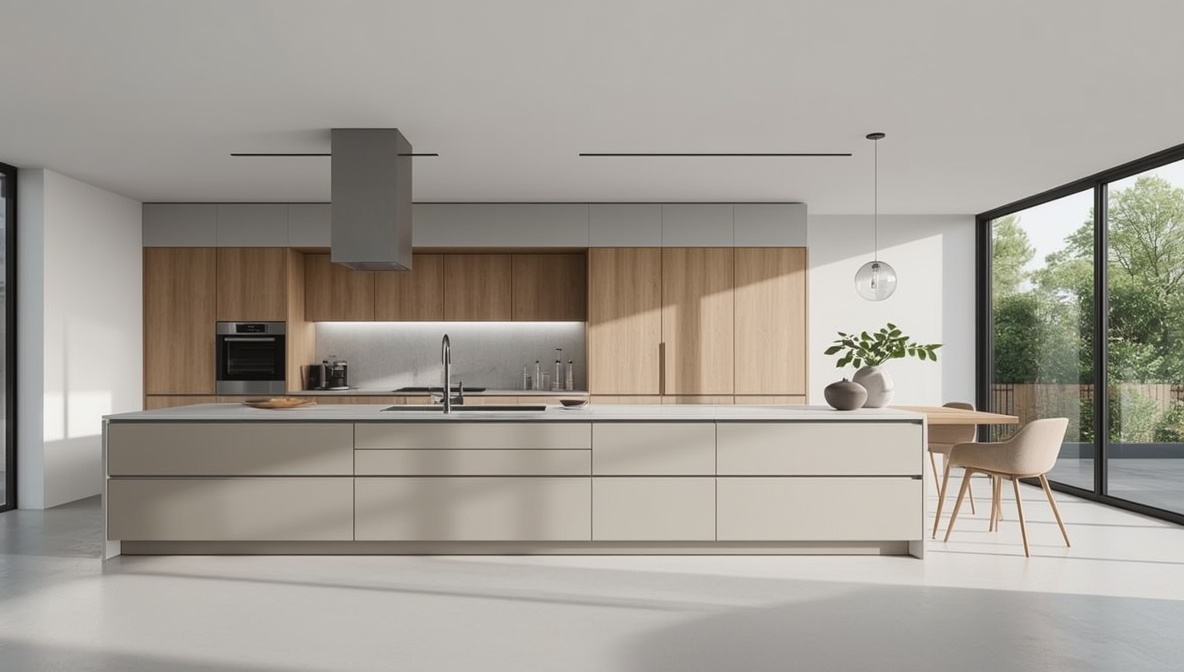 Moderne Küche mit grifflosen Fronten, Holzelementen und Kücheninsel