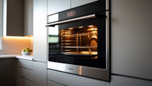Moderner Einbaubackofen mit Edelstahlfront und warm beleuchtetem Garraum in einer Küche