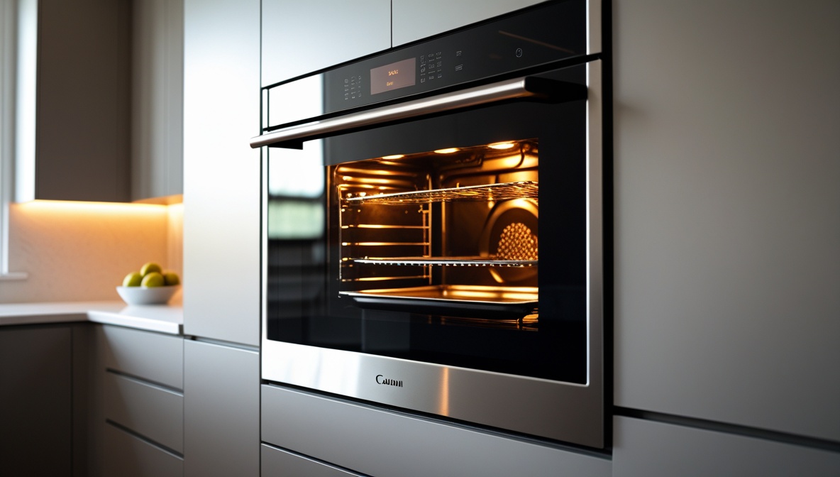 Moderner Einbaubackofen mit Edelstahlfront und warm beleuchtetem Garraum in einer Küche