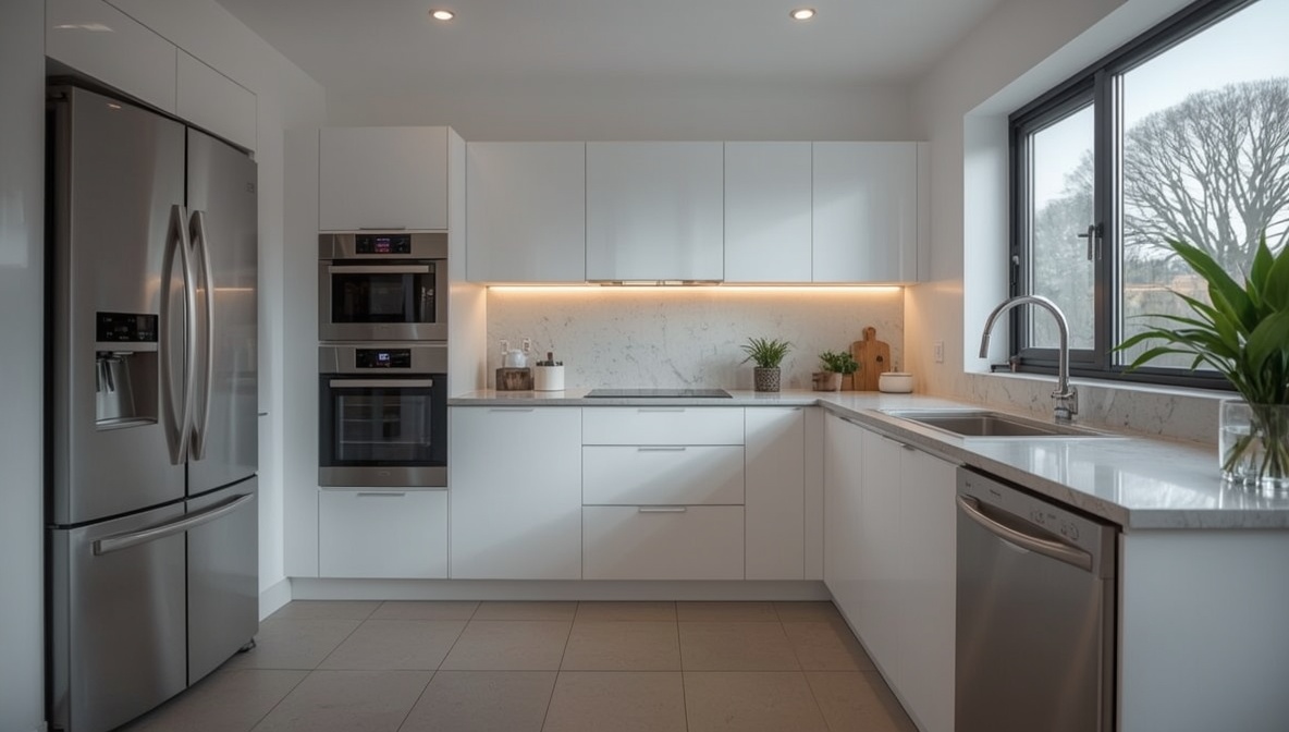 Moderne Küche mit energieeffizienten Einbaugeräten und LED Beleuchtung