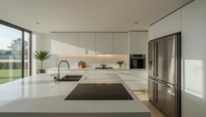 Moderne Küche mit Küchendreieck aus Spüle, Kochfeld und Kühlschrank