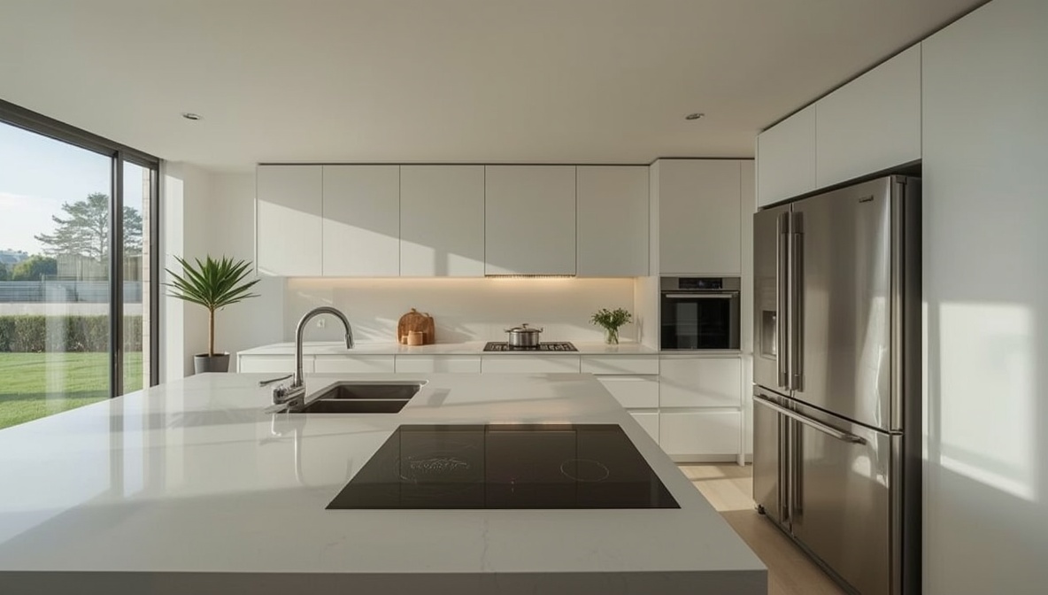 Moderne Küche mit Küchendreieck aus Spüle, Kochfeld und Kühlschrank