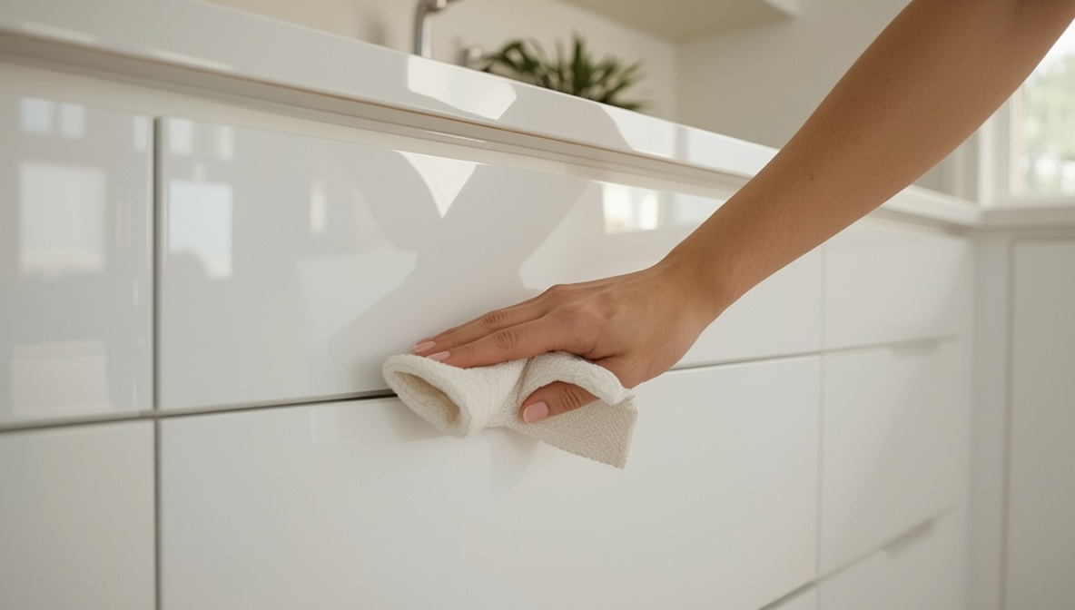 Hand reinigt eine weiße Hochglanz Küchenfront mit einem Mikrofasertuch